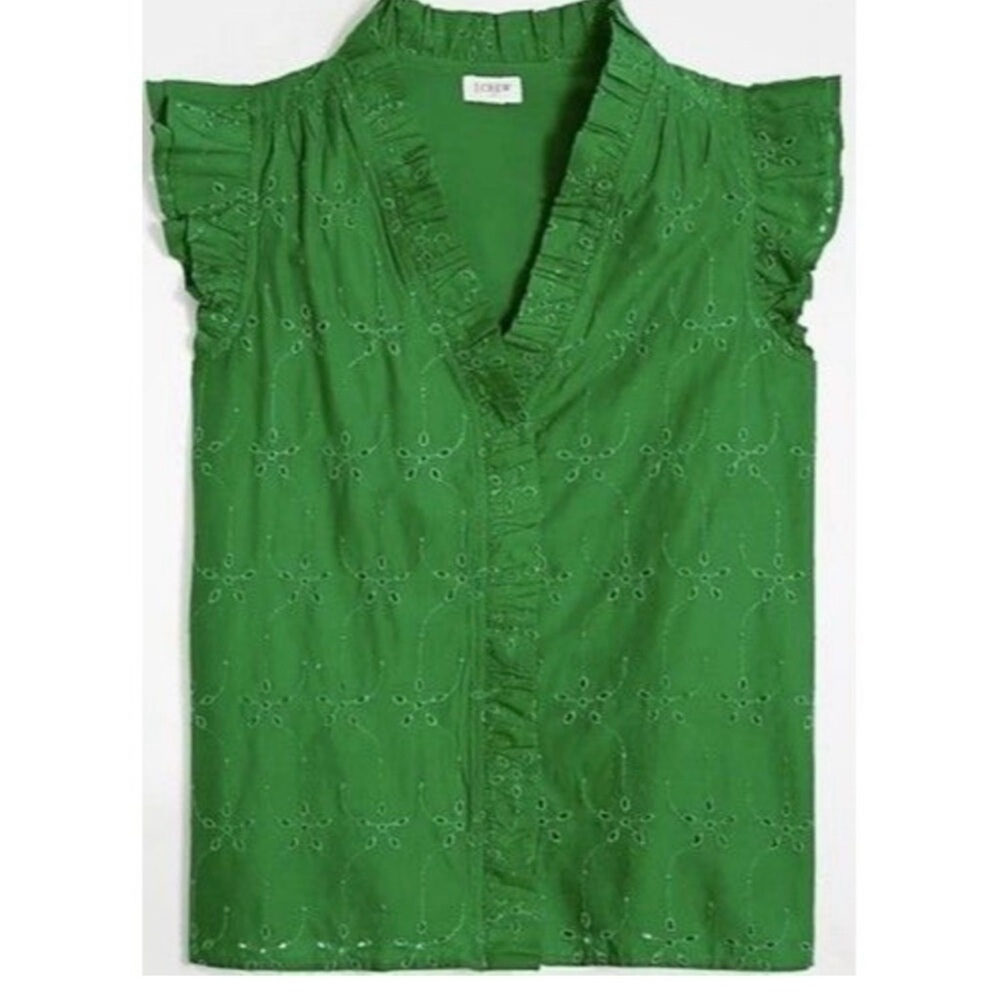 J. Crew Vibrant Green Eyelet Ruffle Sleeve Blouse
